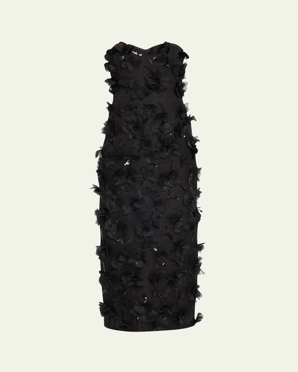 Floral Hand Embellished Strapless Sheath Dress